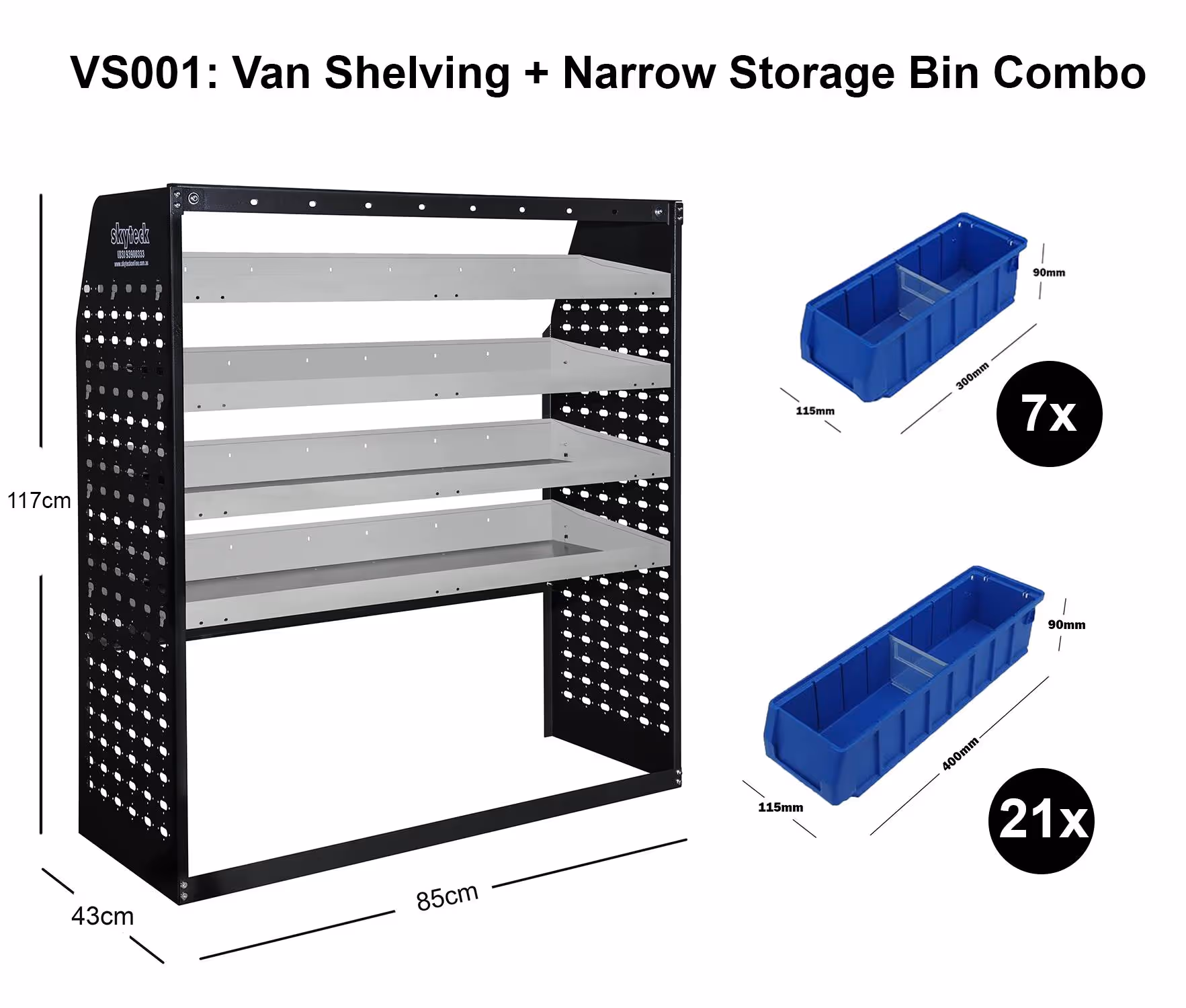 Van Shelving Narrow Storage Bin Combo 85CM(L) X 33CM(D) X 117CM(H)