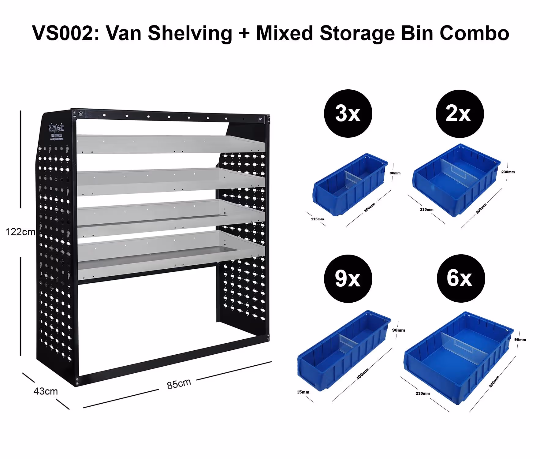 Van Shelving Mixed Storage Bin Combo 85CM(L) X 43CM(D) X 122CM(H)