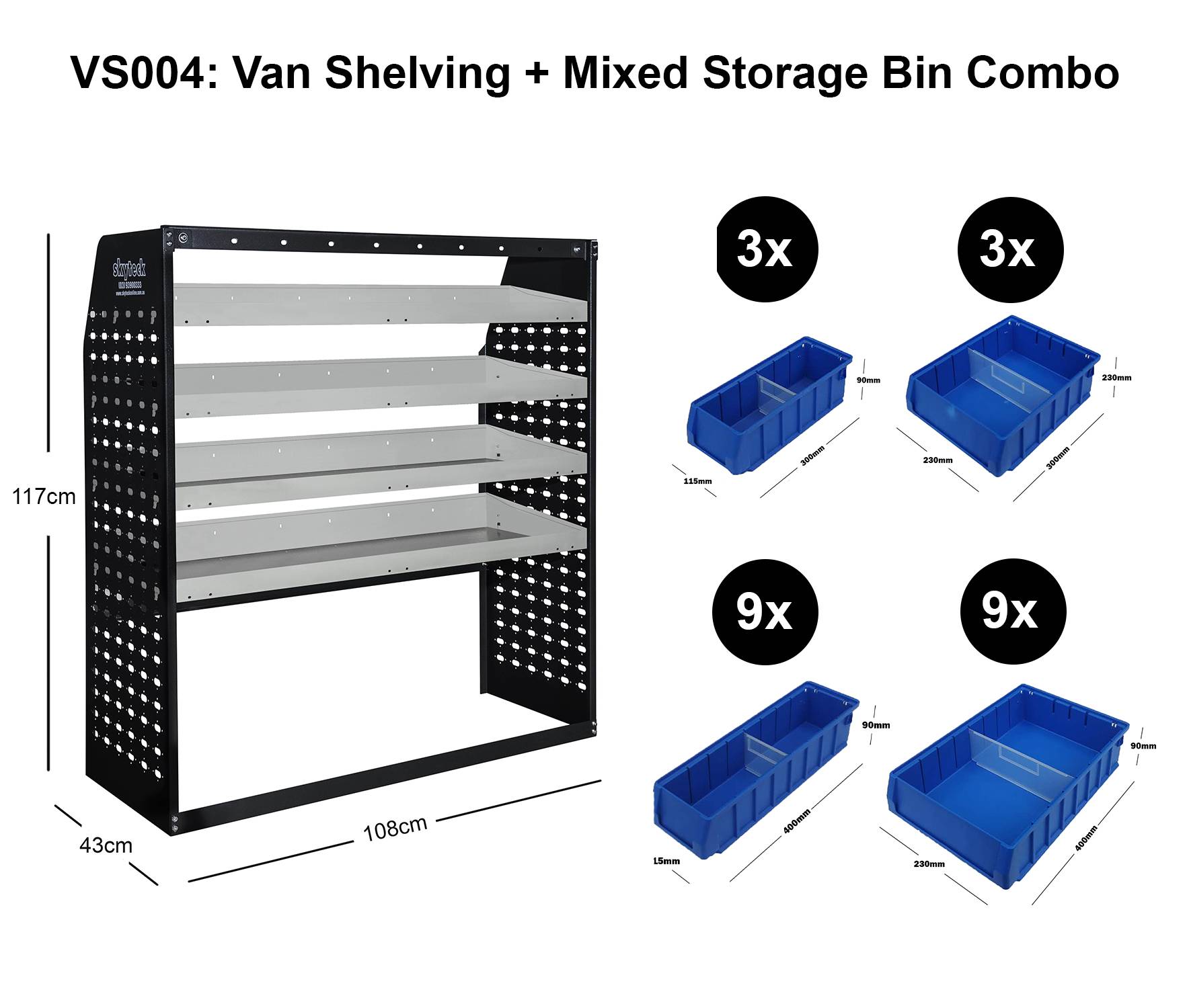 Van Shelving Mixed Storage Bin Combo 108CM(L) X 43CM(D) X 117CM(H)