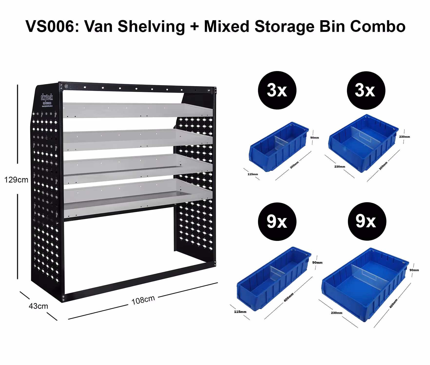 Van Shelving Mixed Storage Bin Combo 108CM(L) X 43CM(D) X 129CM(H)