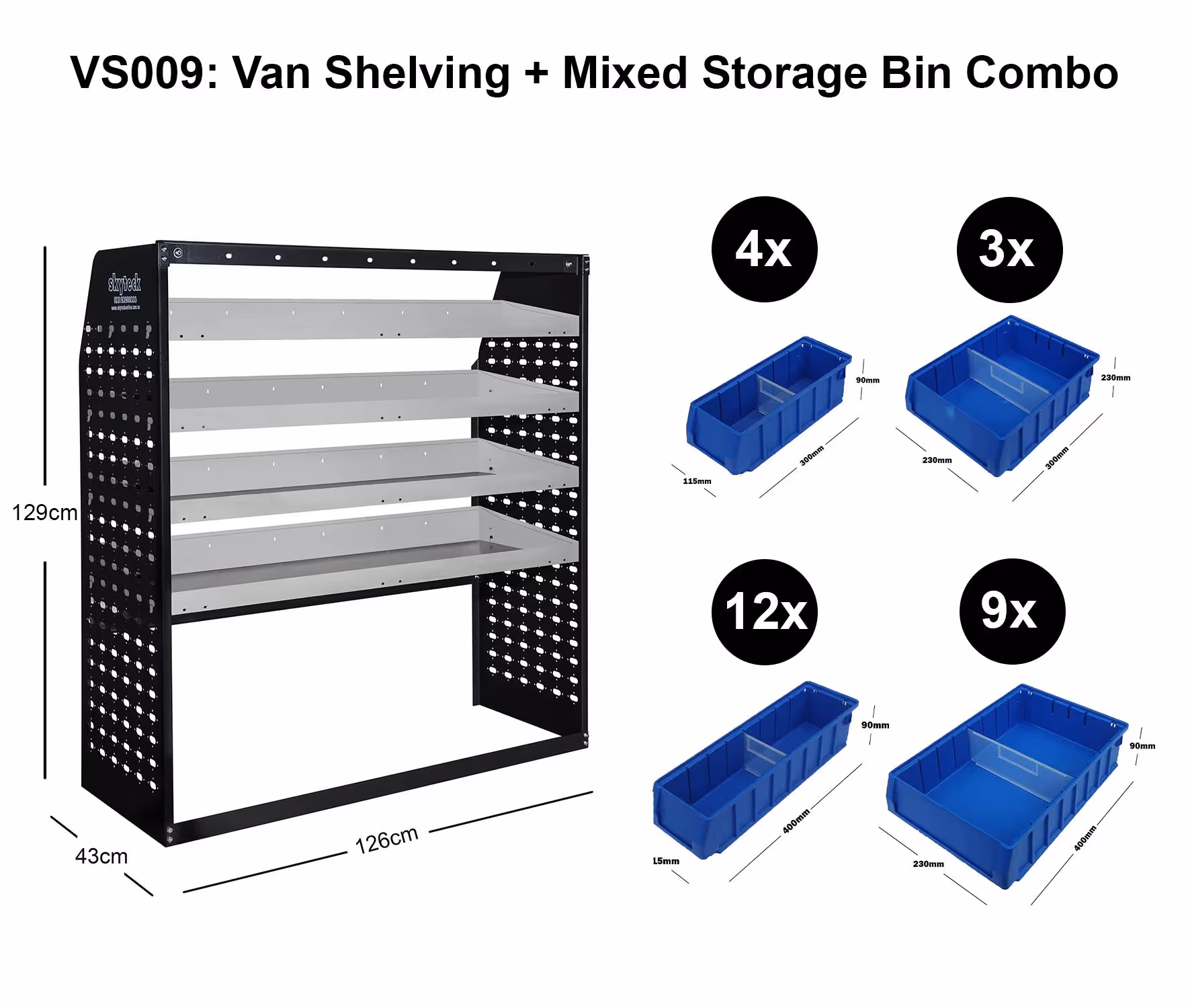 Van Shelving Mixed Storage Bin Combo 126CM(L) X 43CM(D) X 129CM(H)