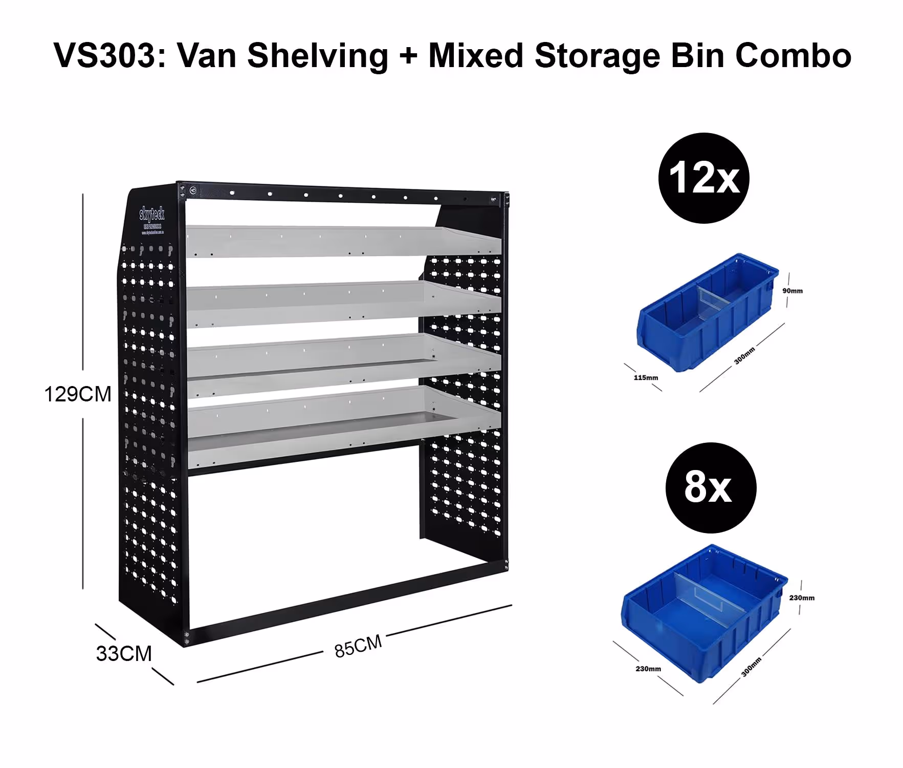 Van Shelving Mixed Storage Bin Combo 85CM(L) X 33CM(D) X 129CM(H)