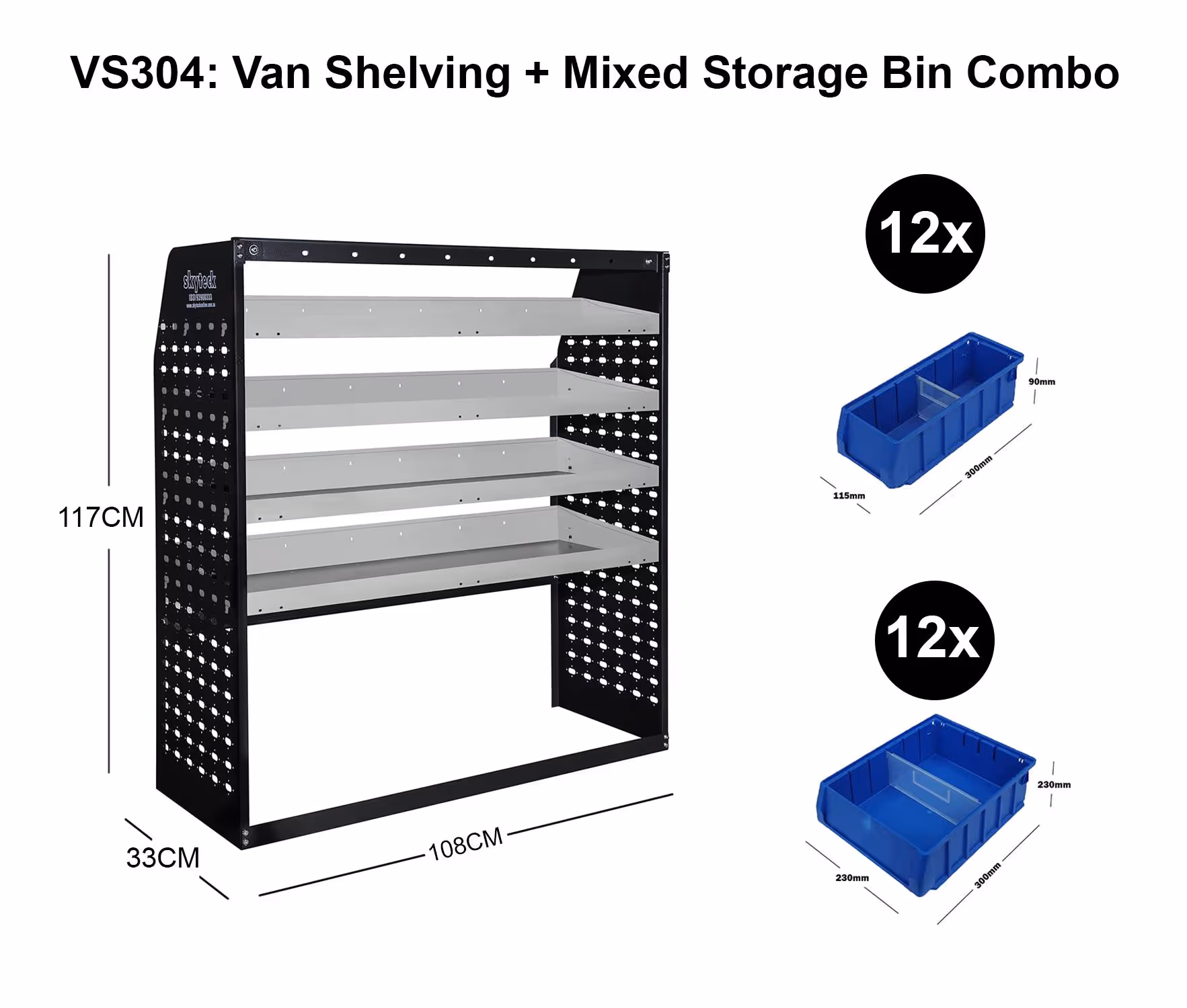 Van Shelving Mixed Storage Bin Combo 108CM(L) X 33CM(D) X 117CM(H)
