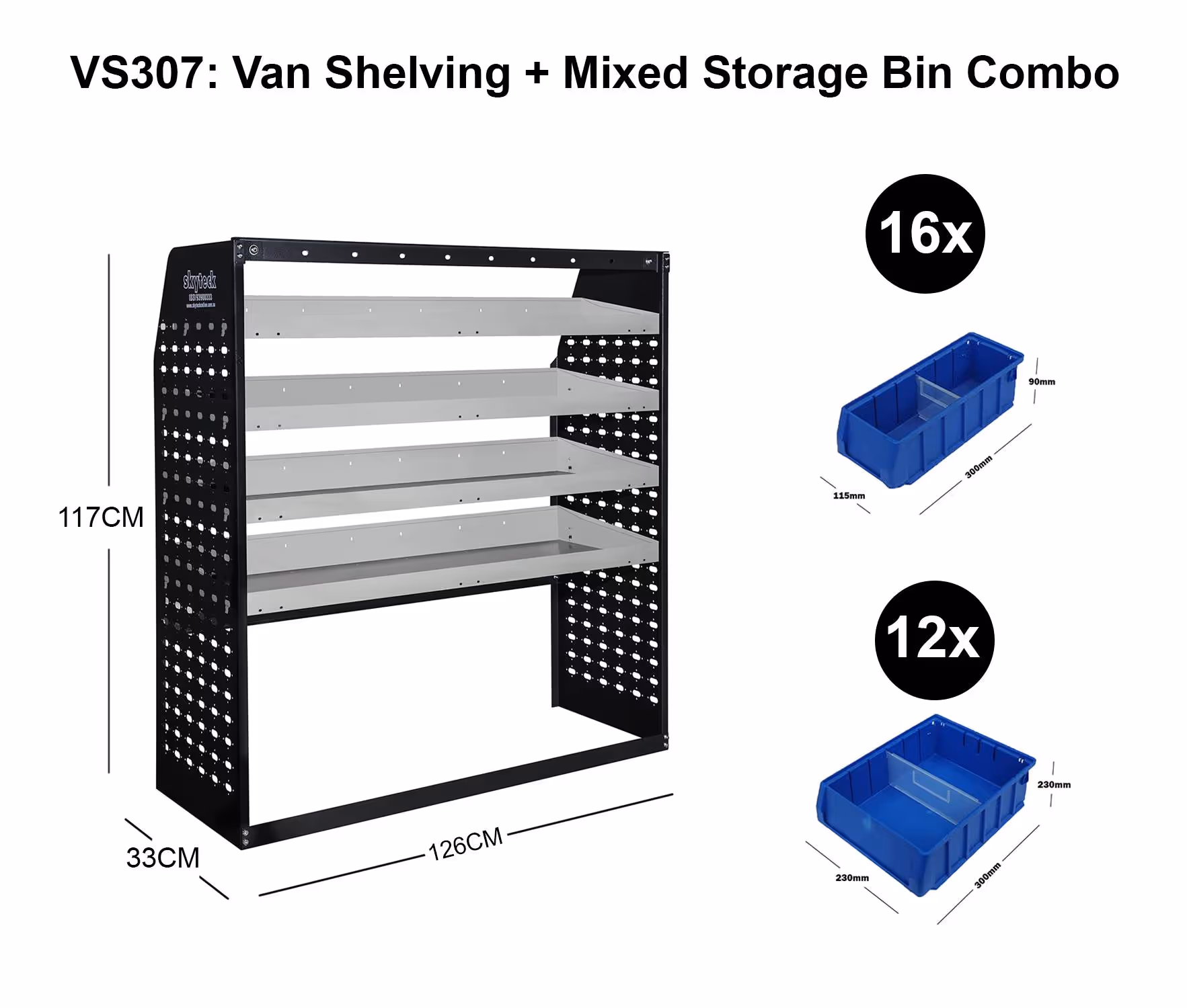 Van Shelving Mixed Storage Bin Combo 126CM(L) X 33CM(D) X 117CM(H)