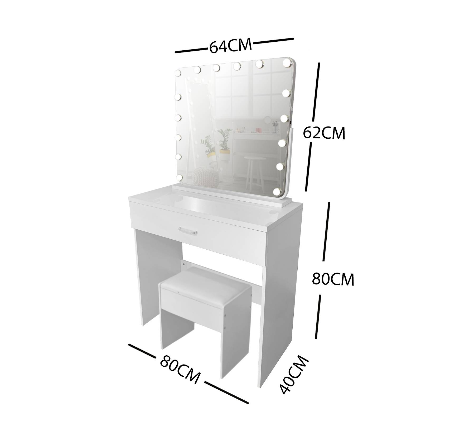 WHITE MAKE-UP DRESSER TABLE WITH TILT ADJUSTABLE LED MIRROR WITH DRAWER & PULL OUT CHAIR KL-DS03N