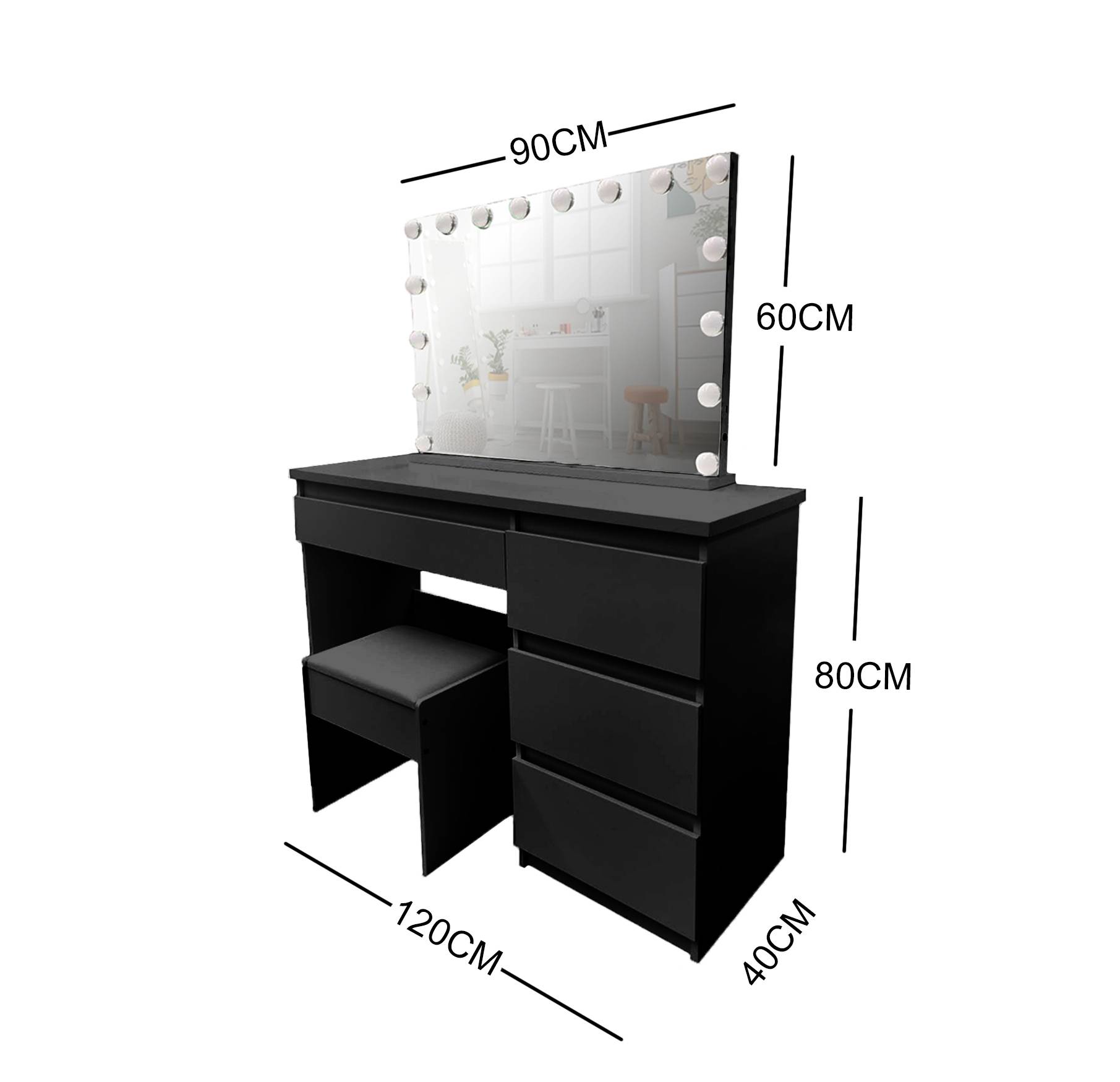 BLACK MAKE-UP DRESSER TABLE WITH LED MIRROR WITH DRAWERS & PULL OUT CHAIR KL-DS04K