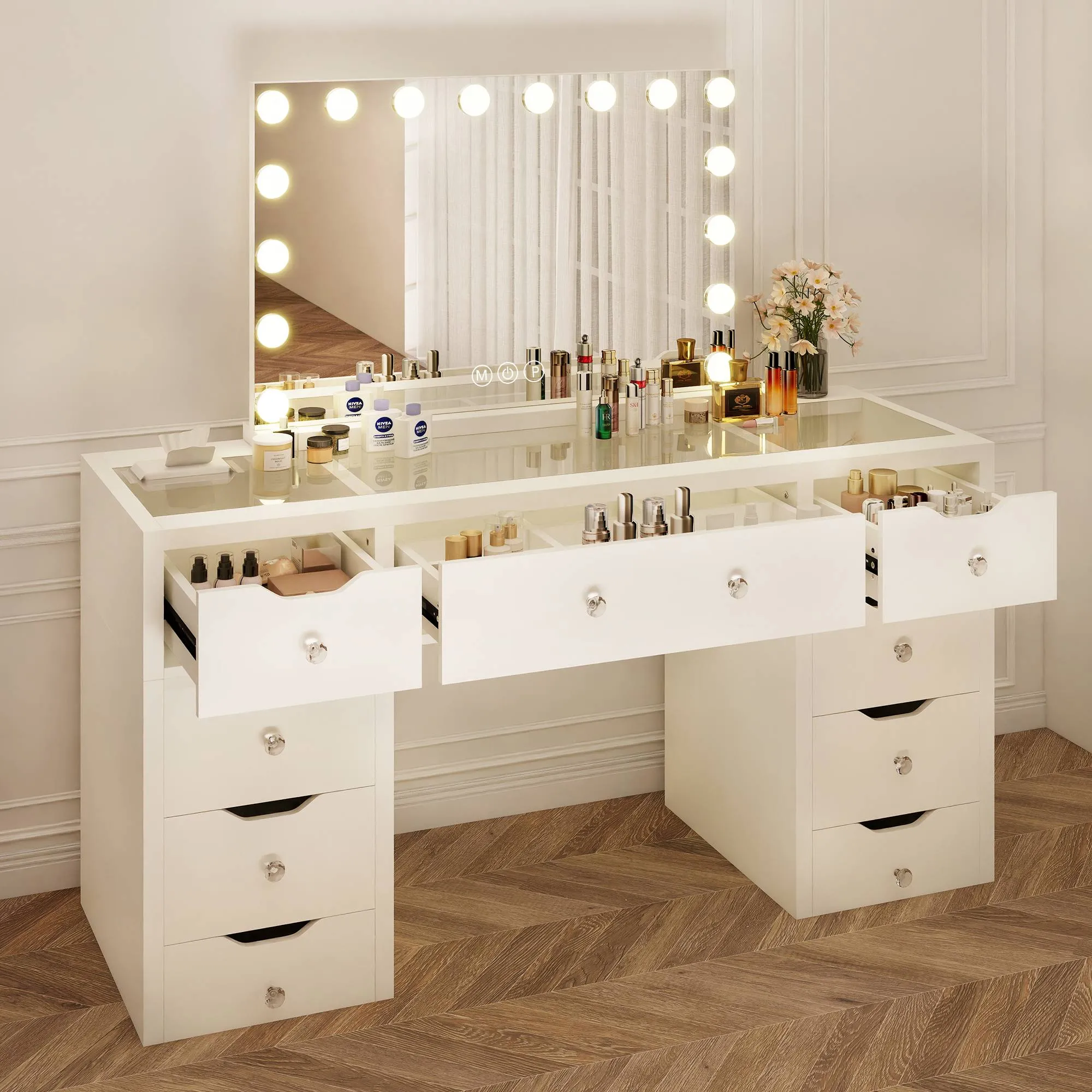 143CM WHITE GLASS TOP MAKE-UP DRESSER TABLE WITH LED MIRROR WITH 9 DRAWERS KL-DS11N