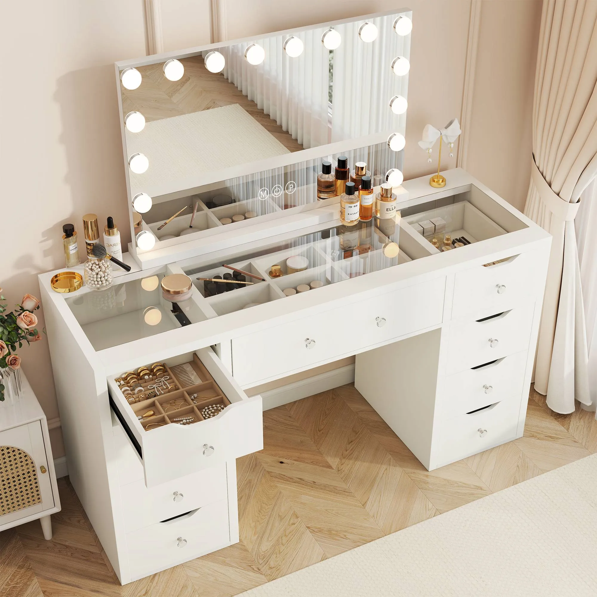 122CM WHITE GLASS TOP MAKE-UP DRESSER TABLE WITH LED MIRROR WITH 9 DRAWERS KL-DS12N