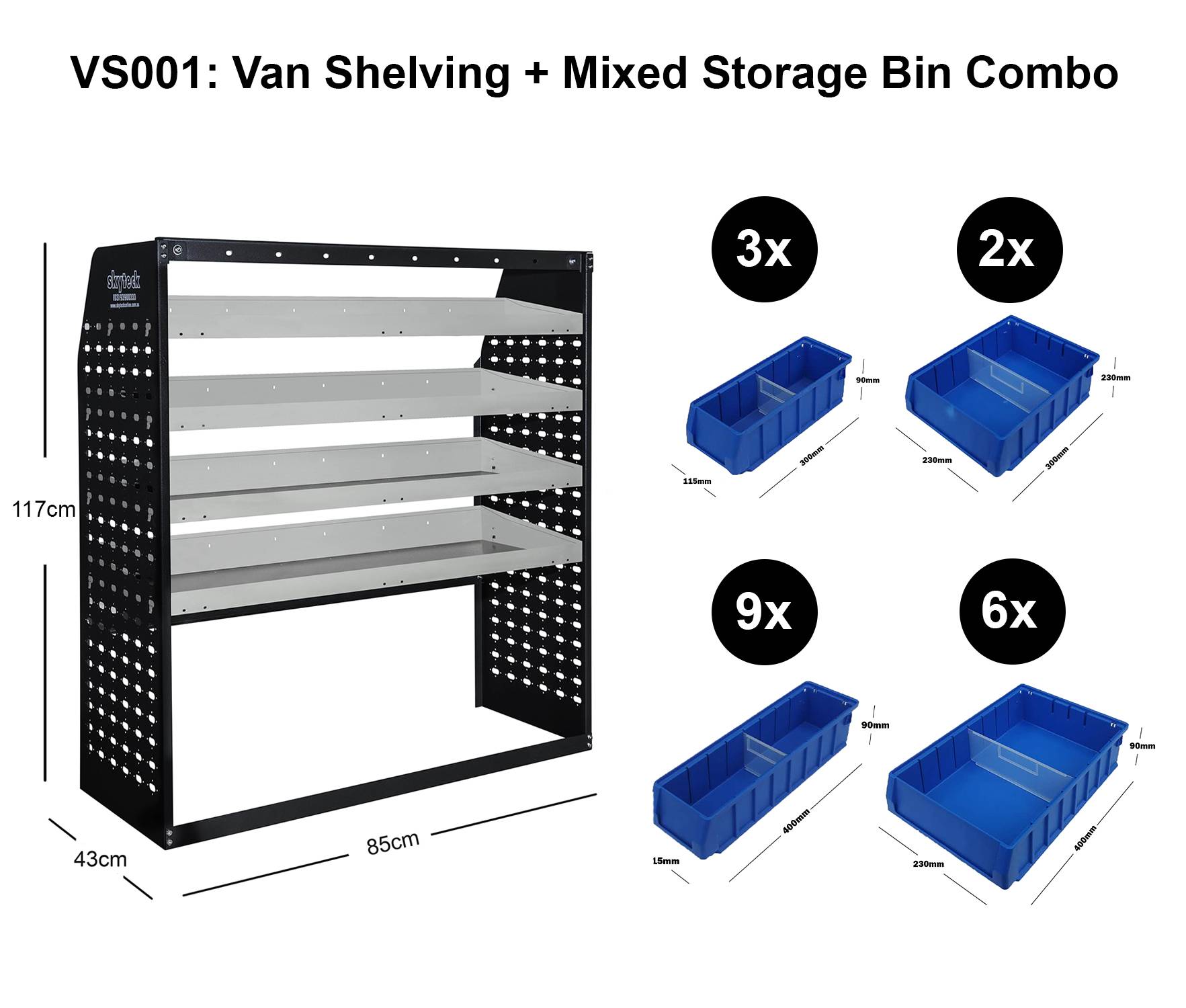 Van Shelving Mixed Storage Bin Combo 85CM(L) X 43CM(D) X 117CM(H)