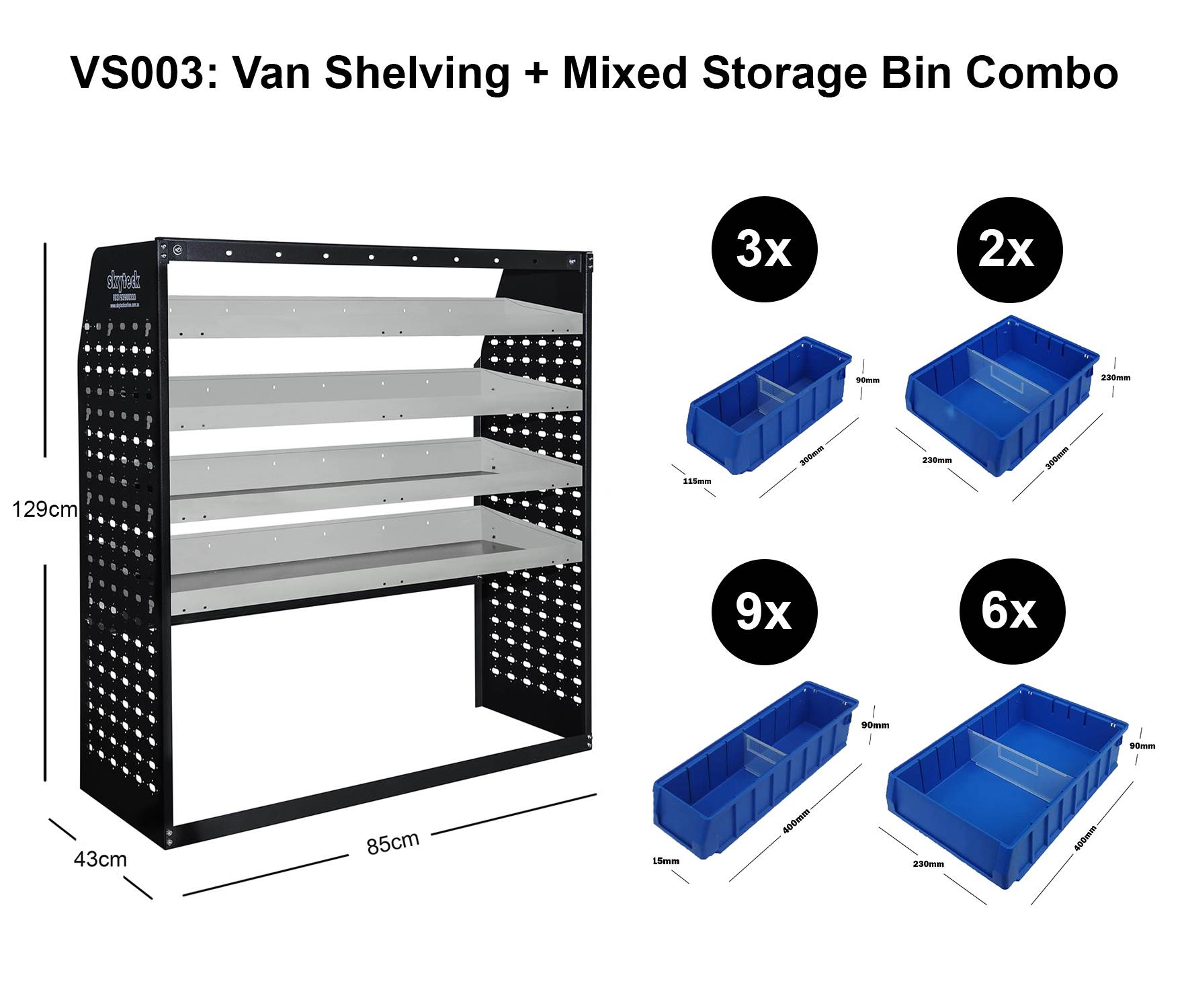 Van Shelving Mixed Storage Bin Combo 85CM(L) X 43CM(D) X 129CM(H)