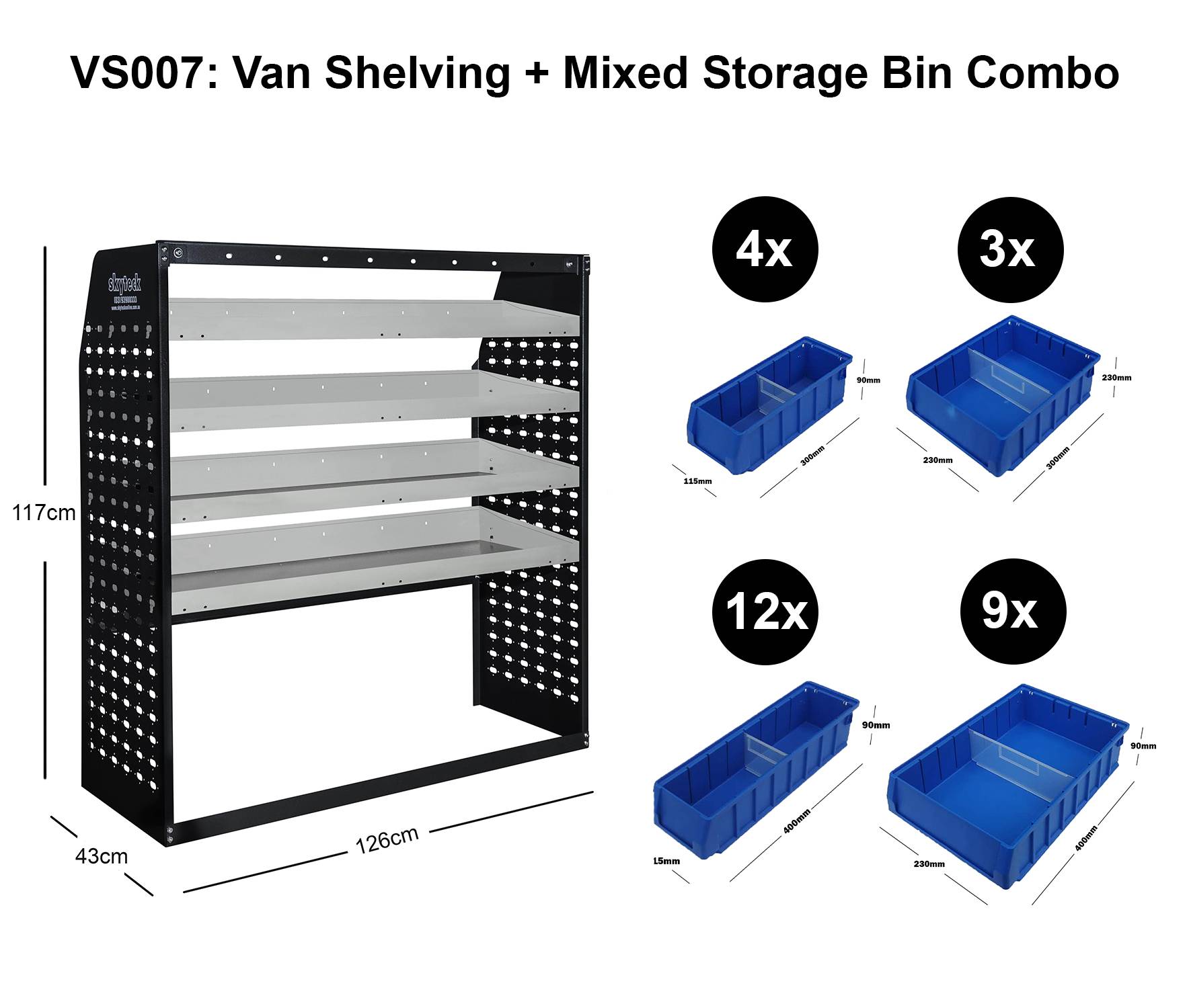 Van Shelving Mixed Storage Bin Combo 126CM(L) X 43CM(D) X 117CM(H)