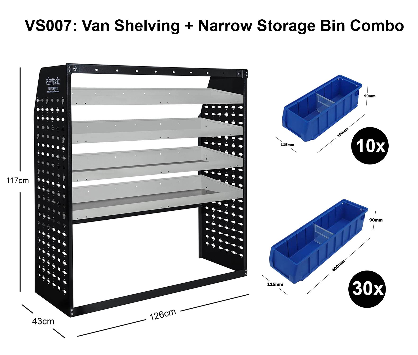 Van Shelving Narrow Storage Bin Combo 126CM(L) X 43CM(D) X 117CM(H)