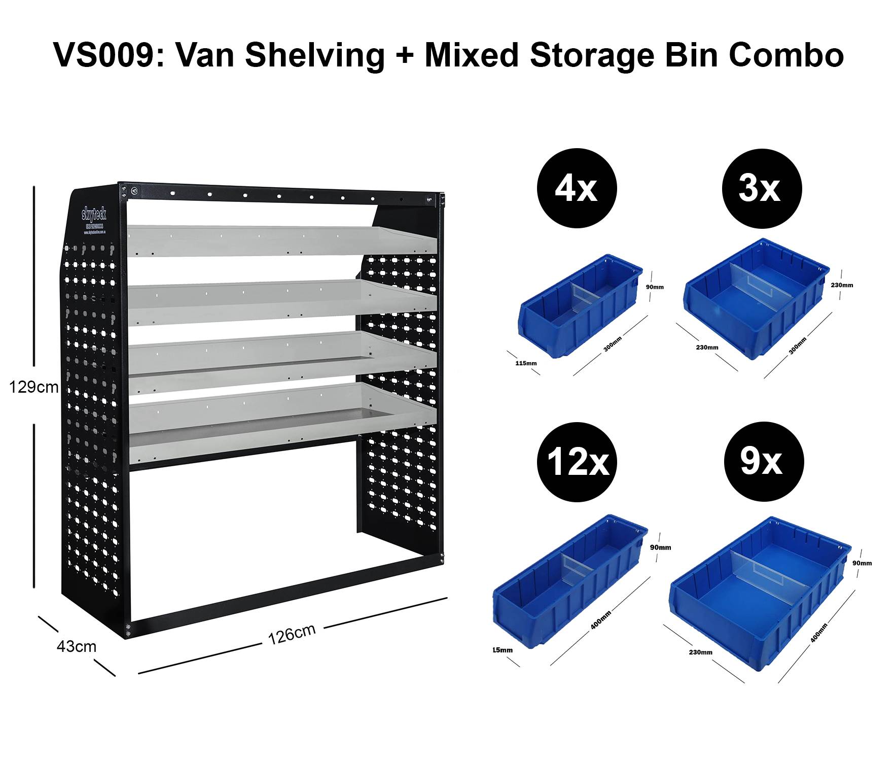 Van Shelving Mixed Storage Bin Combo 126CM(L) X 43CM(D) X 129CM(H)