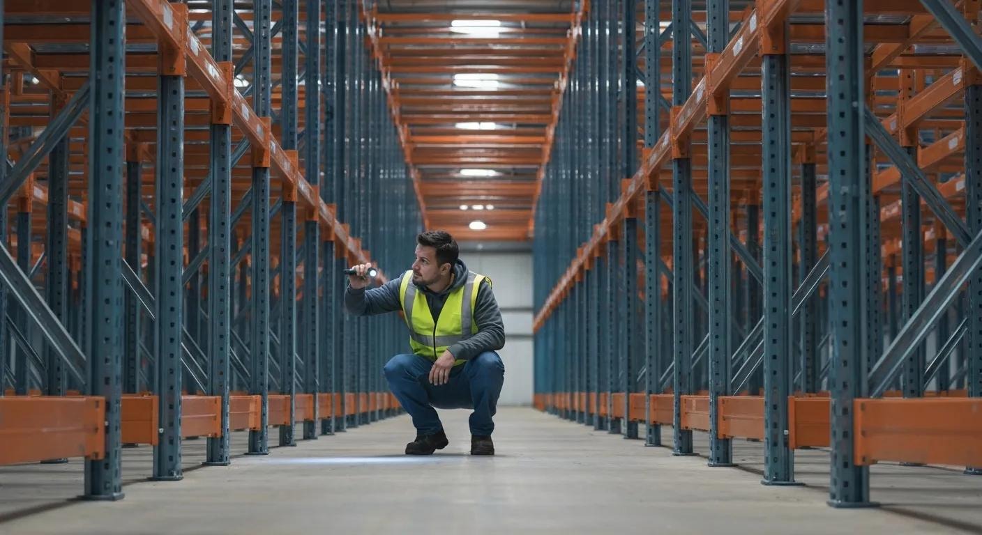 Inspector examining steel racking for condition and compliance in a warehouse