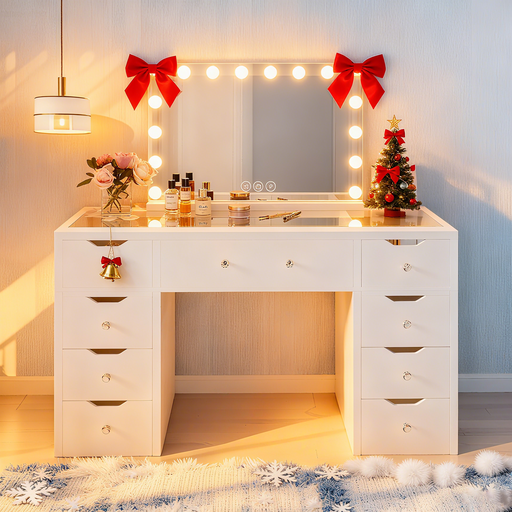 143CM WHITE GLASS TOP MAKE-UP DRESSER TABLE WITH LED MIRROR WITH 9 DRAWERS KL-DS11N