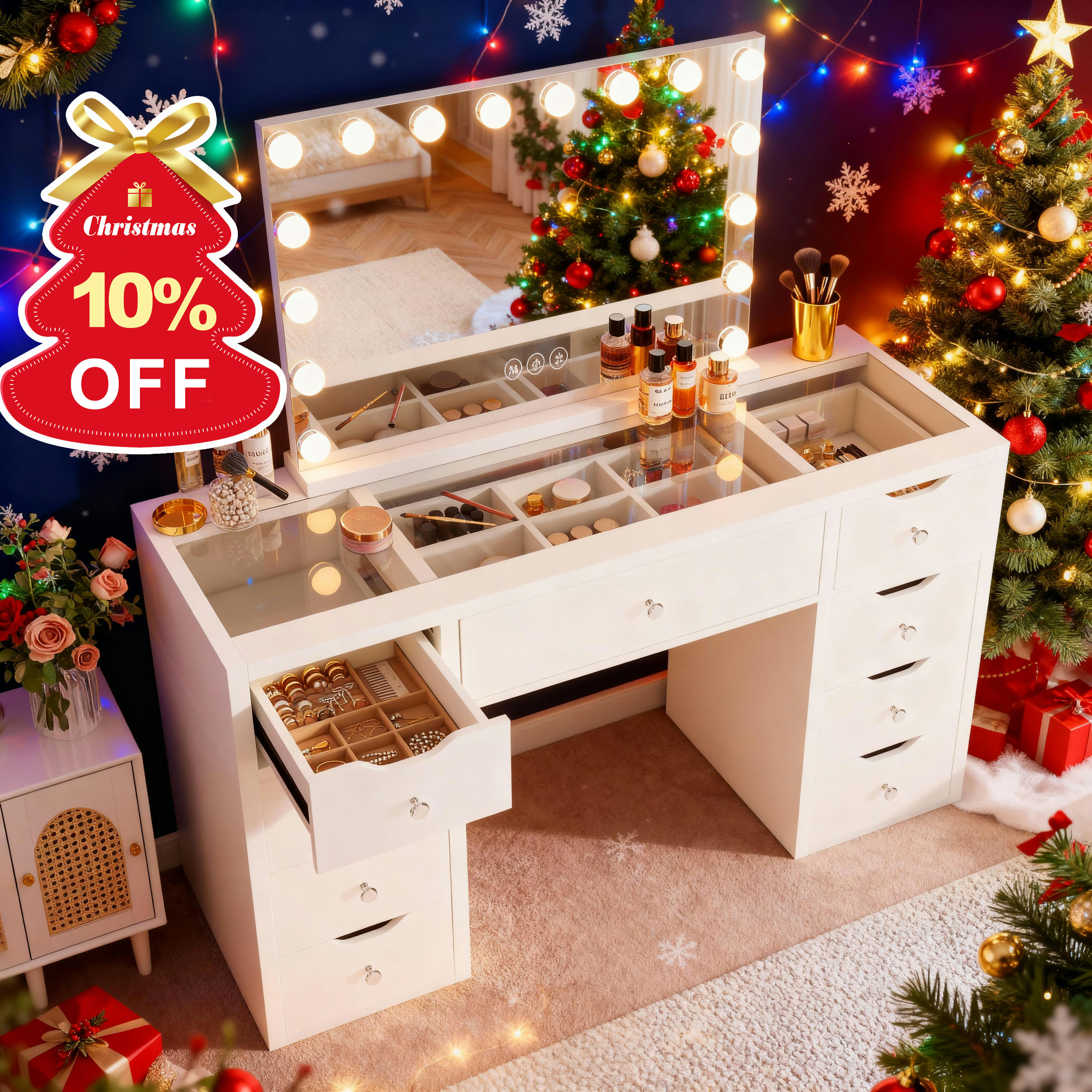 122CM WHITE GLASS TOP MAKE-UP DRESSER TABLE WITH LED MIRROR WITH 9 DRAWERS KL-DS12N