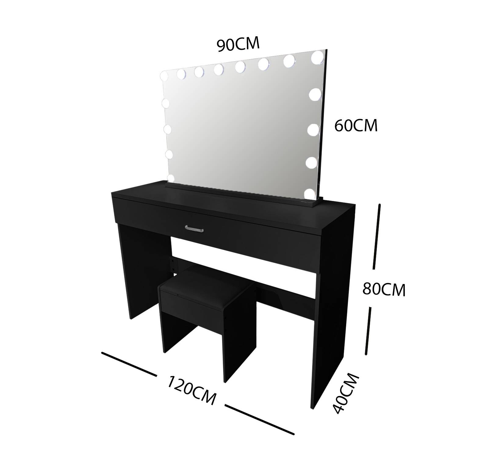 BLACK MAKE-UP DRESSER TABLE WITH LED MIRROR WITH DRAWER & PULL OUT CHAIR KL-DS02K