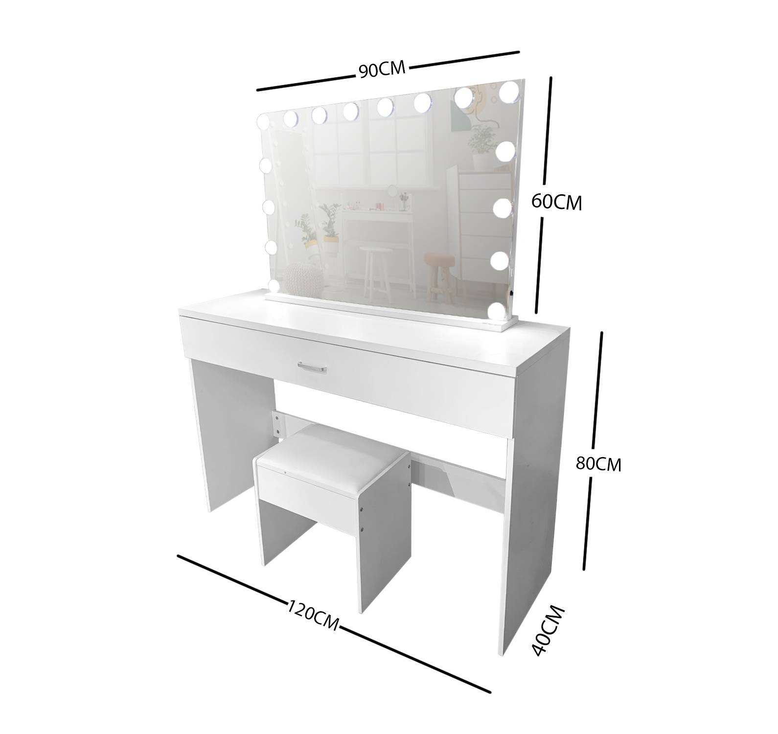 WHITE MAKE-UP DRESSER TABLE WITH LED MIRROR WITH DRAWER & PULL OUT CHAIR KL-DS02N