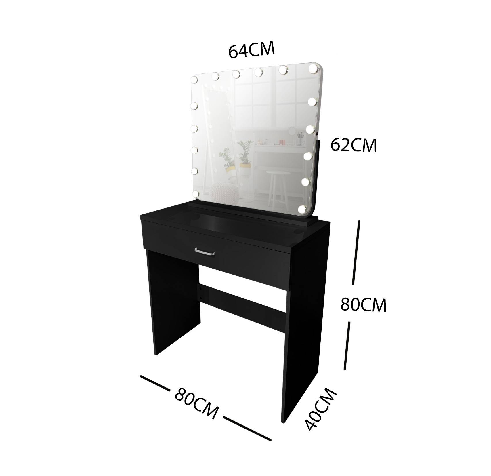 BLACK MAKE-UP DRESSER TABLE WITH TILT ADJUSTABLE LED MIRROR WITH DRAWER & PULL OUT CHAIR KL-DS03K