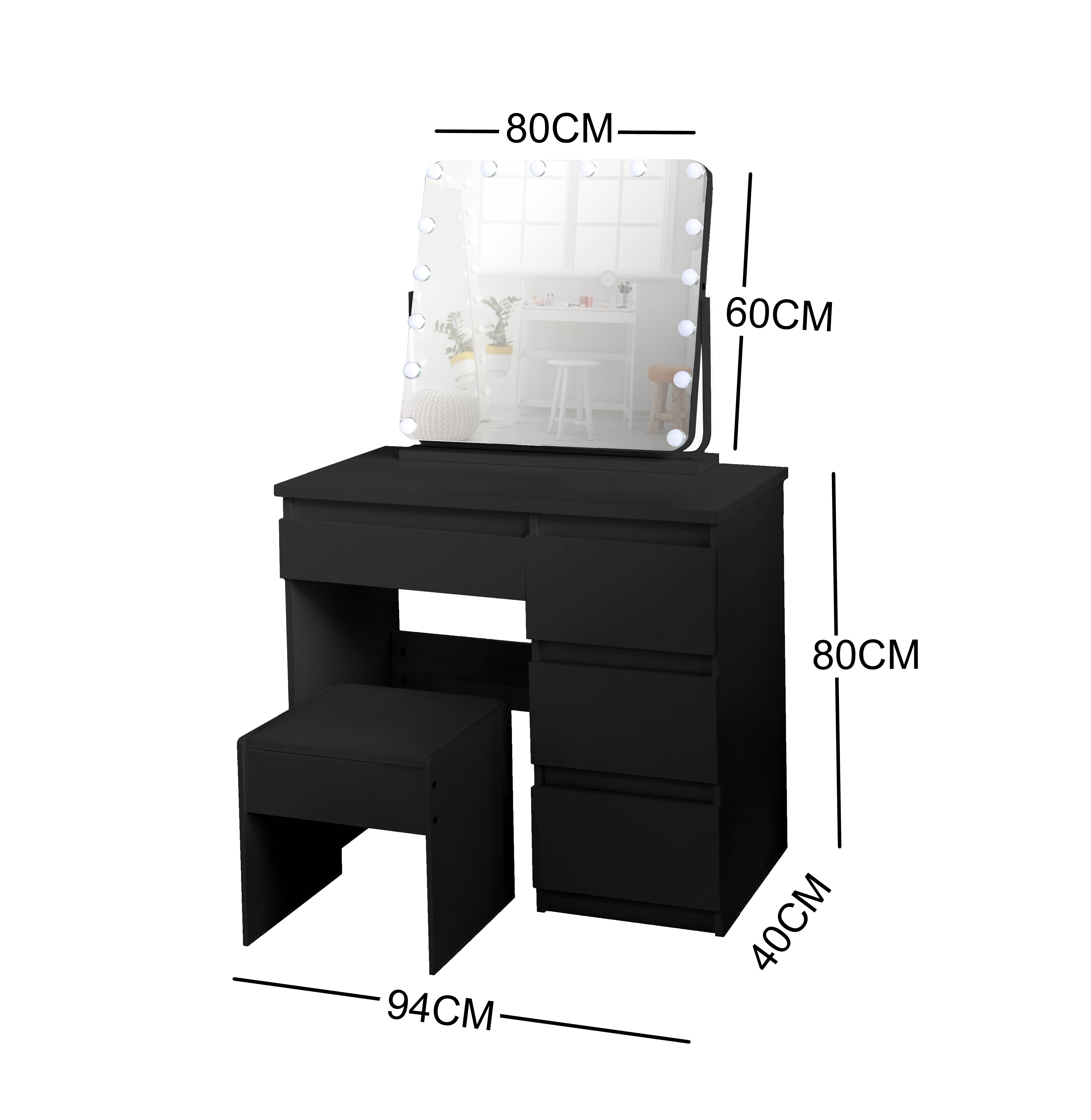BLACK MAKE-UP DRESSER TABLE WITH TILT ADJUSTABLE LED MIRROR WITH DRAWERS & PULL OUT CHAIR KL-DS05K