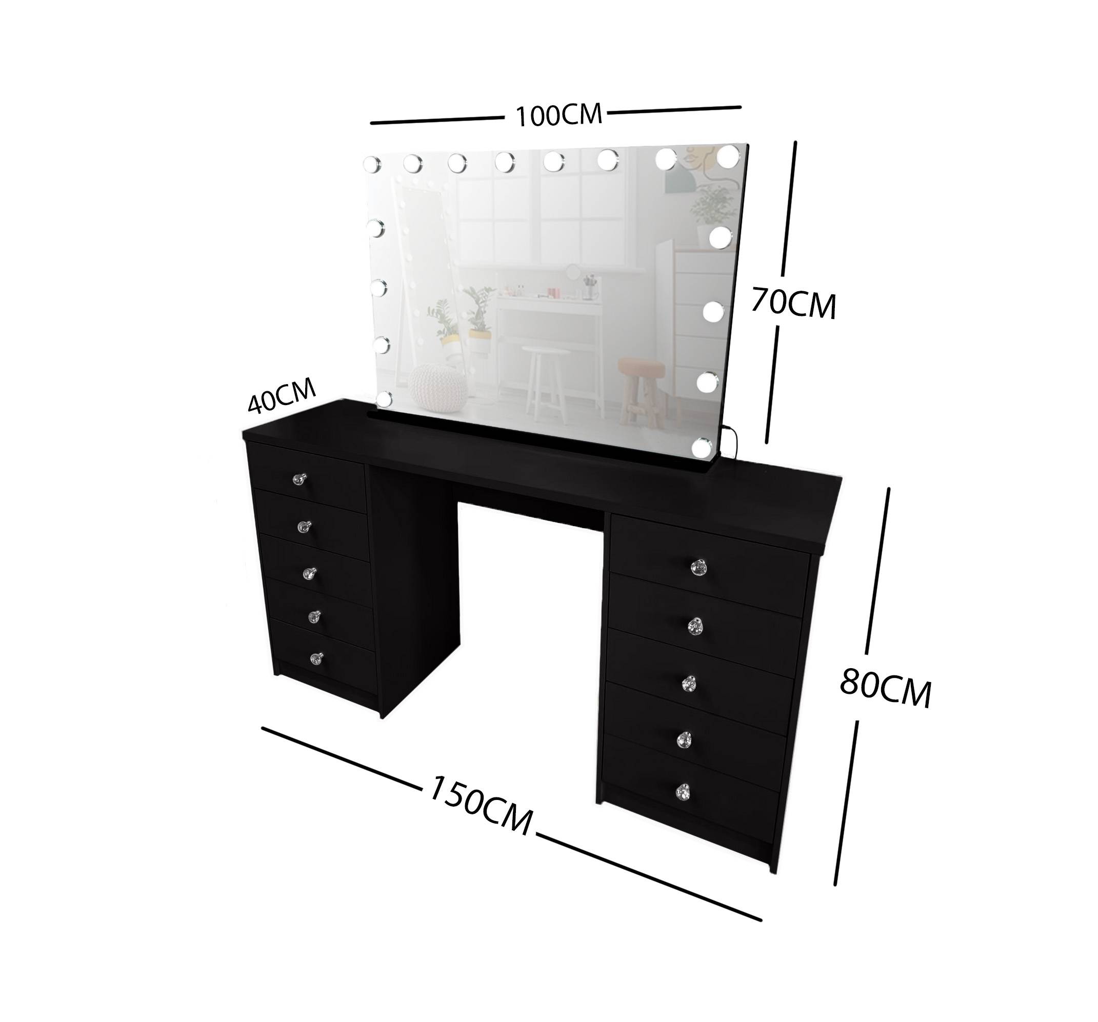 BLACK MAKE-UP DRESSER TABLE WITH LED MIRROR WITH 10 DRAWERS KL-DS06K