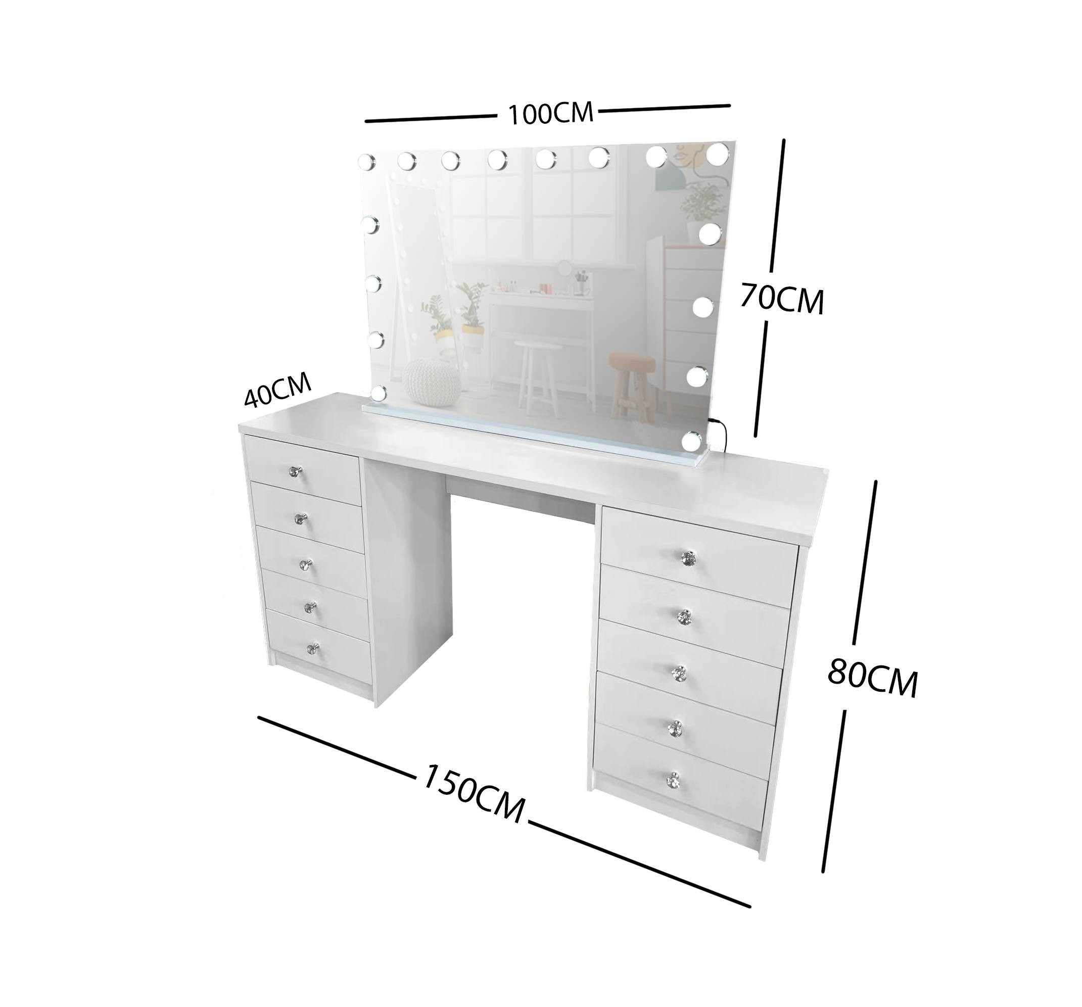 WHITE MAKE-UP DRESSER TABLE WITH LED MIRROR WITH 10 DRAWERS KL-DS06N