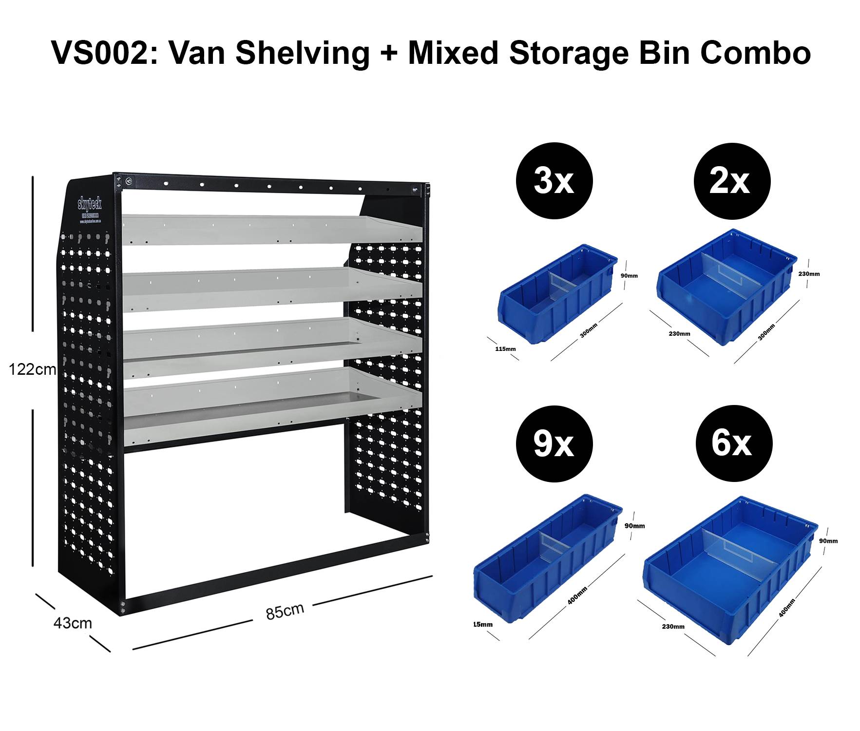Van Shelving Mixed Storage Bin Combo 85CM(L) X 43CM(D) X 122CM(H)
