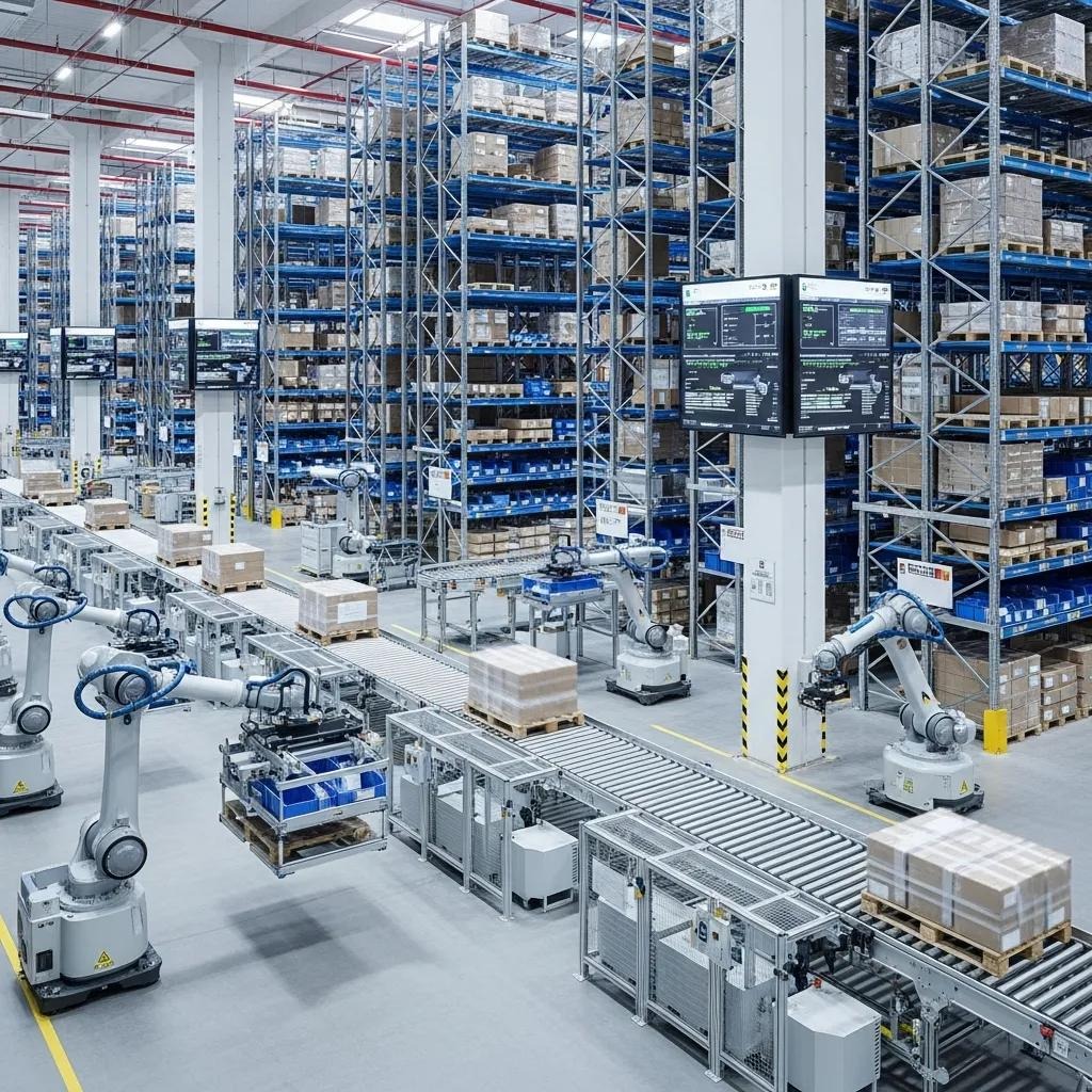 Automated warehouse with robots and AS/RS systems improving racking efficiency