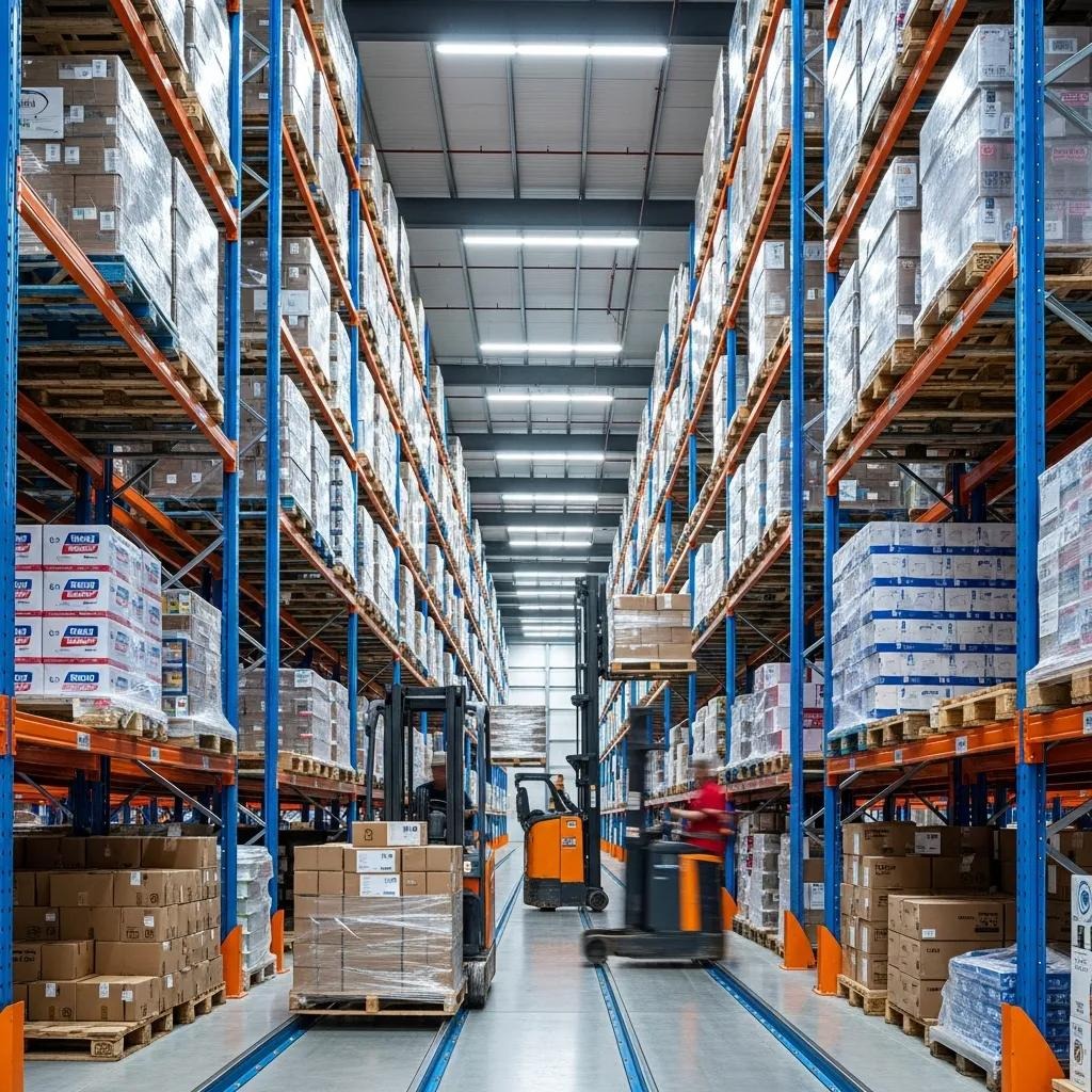 Drive‑in racking in a warehouse — forklifts enter deep lanes to maximize pallet storage density
