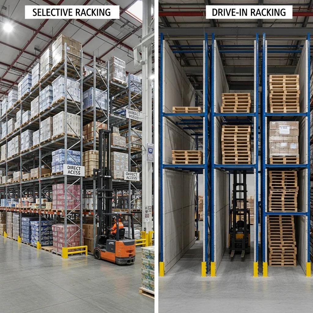 Side‑by‑side comparison of selective and drive‑in racking layouts showing accessibility and density differences