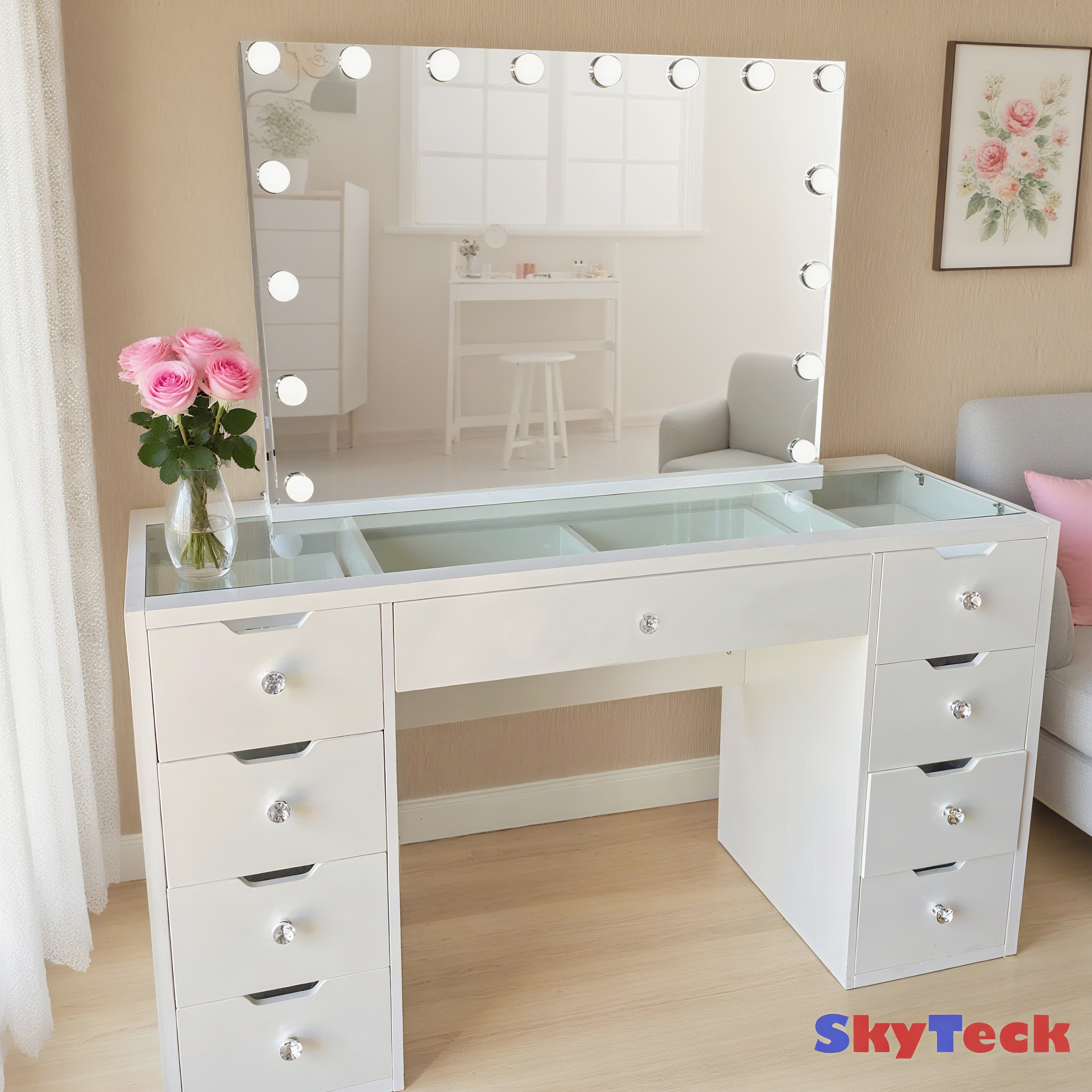 122CM WHITE GLASS TOP MAKE-UP DRESSER TABLE WITH LED MIRROR WITH 9 DRAWERS KL-DS12N