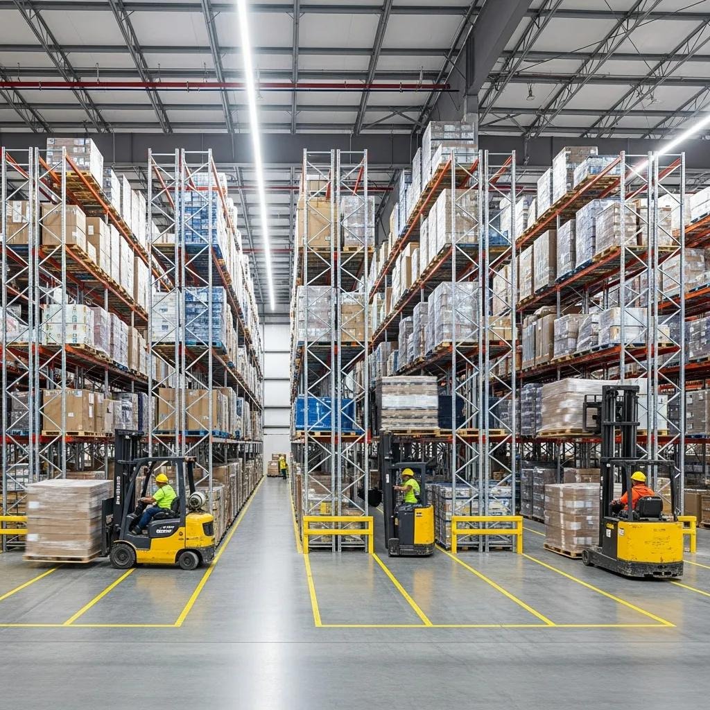 Drive-thru racking system in action, illustrating high-density pallet storage in a warehouse