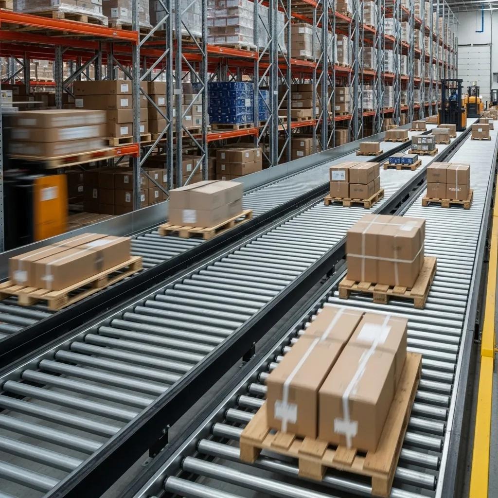 Pallet flow racking system in action demonstrating FIFO inventory management and dynamic storage