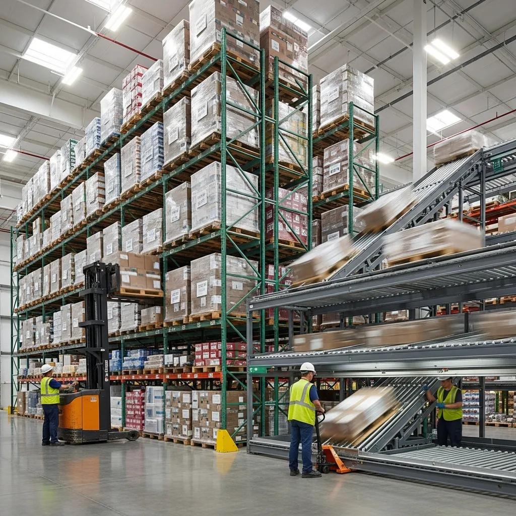 Modern warehouse with selective and pallet flow racking systems showcasing efficient storage solutions