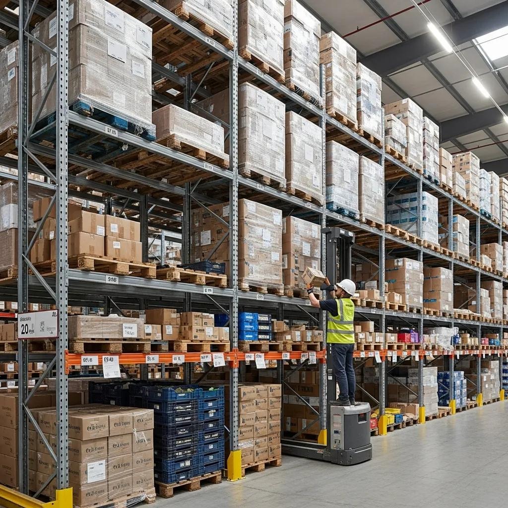 Selective pallet racking system in a warehouse demonstrating accessibility and organization