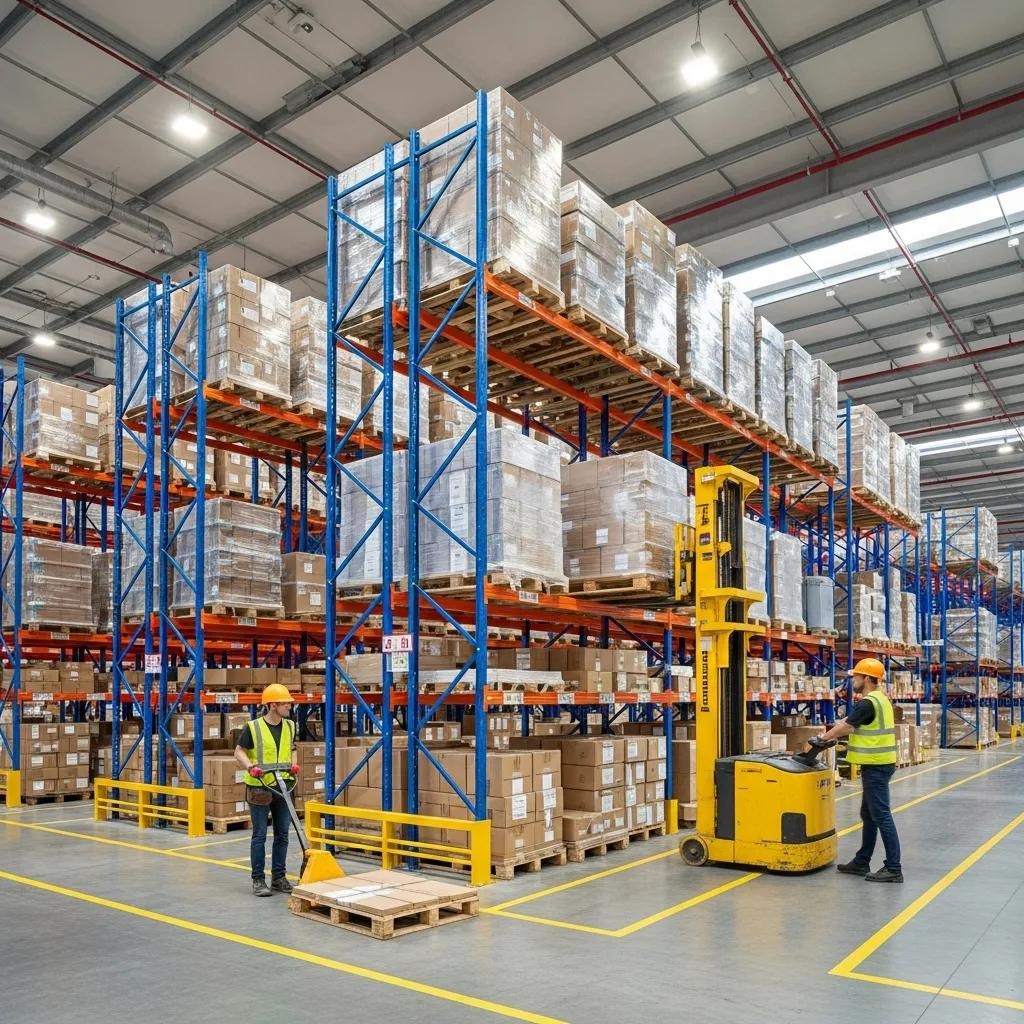 Modern warehouse featuring selective pallet racking systems with organized pallets and staff retrieving items