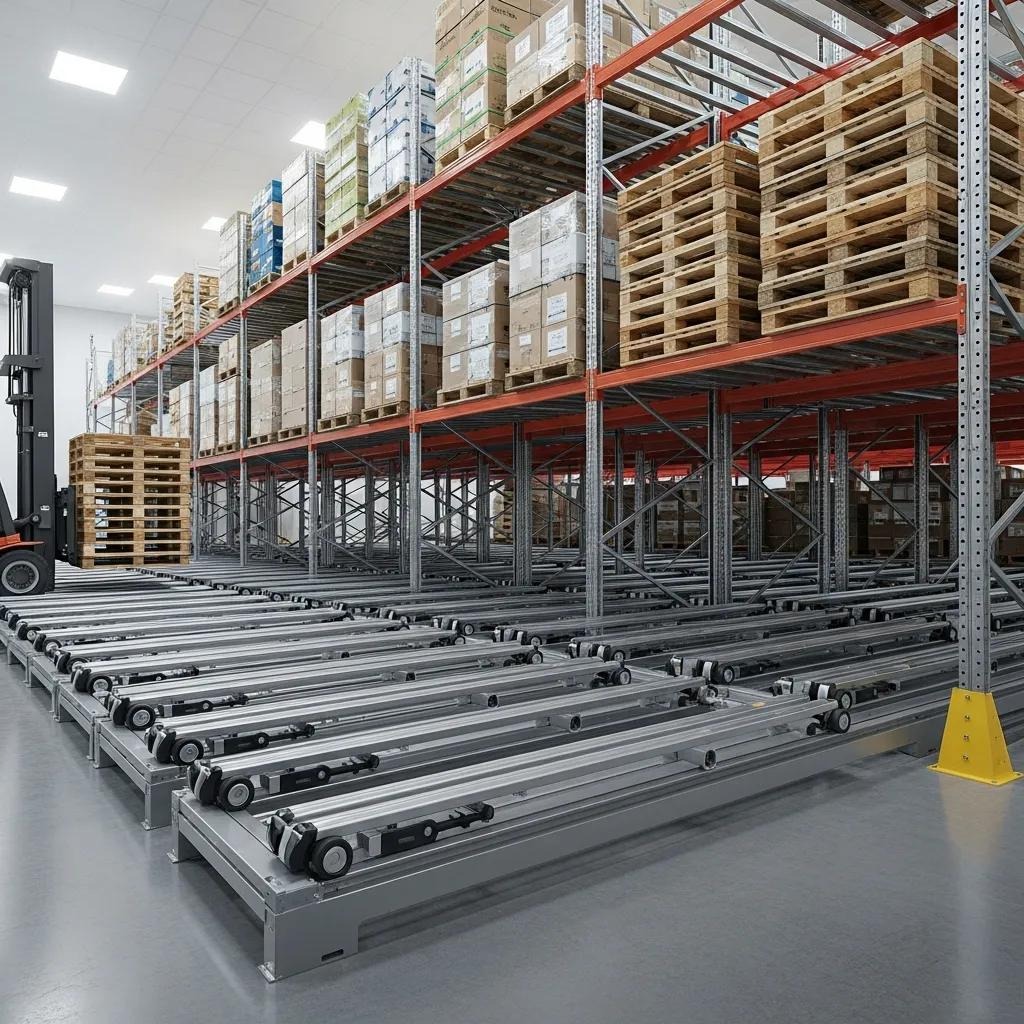 Push-back pallet racking system demonstrating high-density storage with pallets on inclined rails