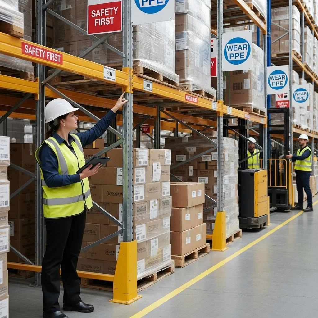 Warehouse safety inspection showing compliance checks on pallet racking systems with safety officer