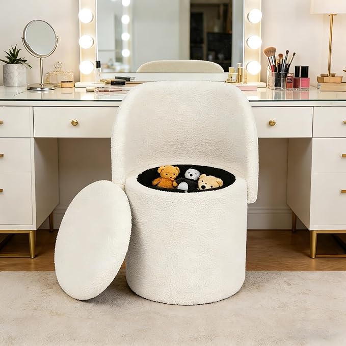 SkyTeck Vanity Ottoman Chair with Storage Stool for Vanity (White)