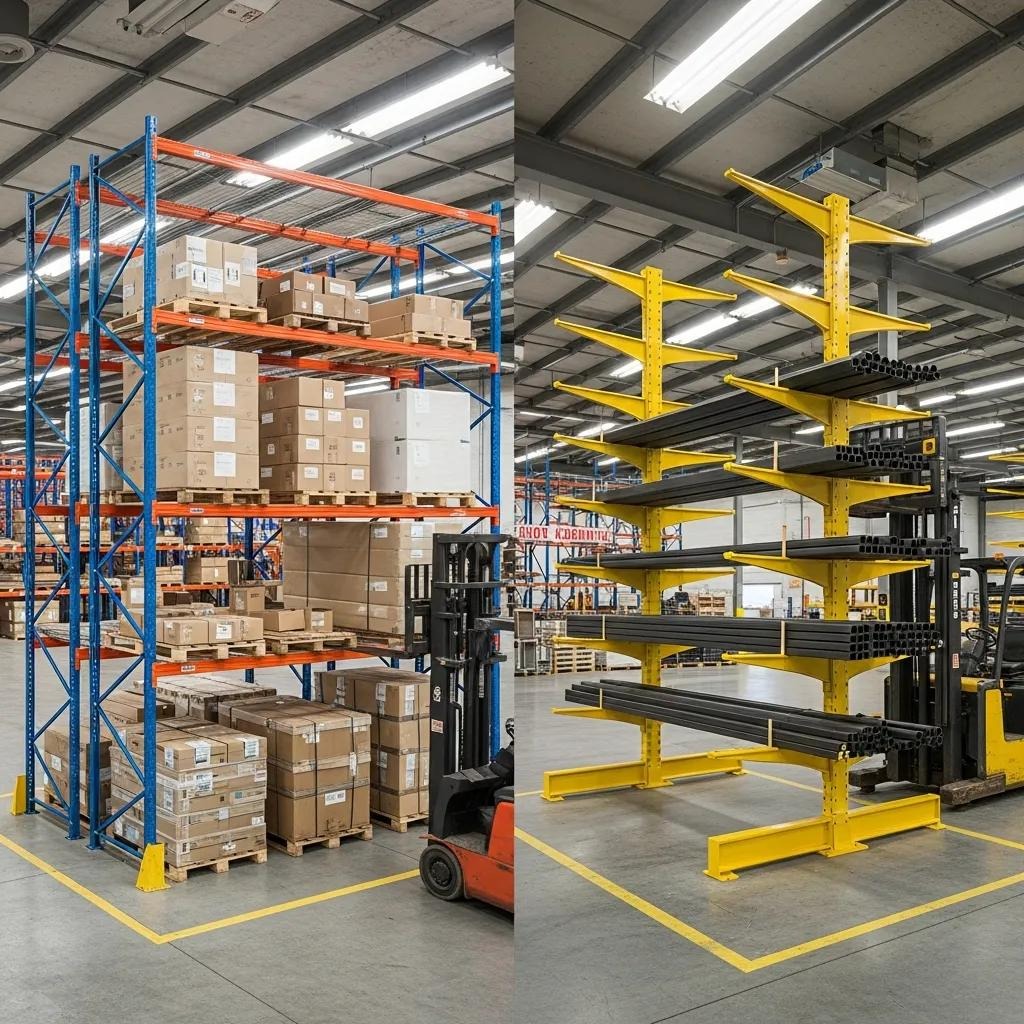 Comparison of selective pallet racking and cantilever racking systems in a warehouse, illustrating design differences and applications