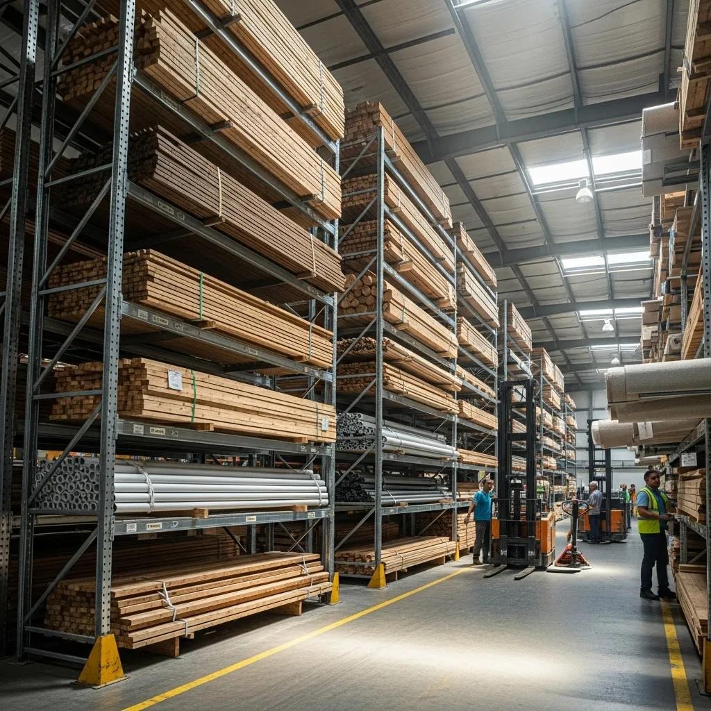 Cantilever racking system displaying long and bulky items in a warehouse, emphasizing accessibility and space efficiency