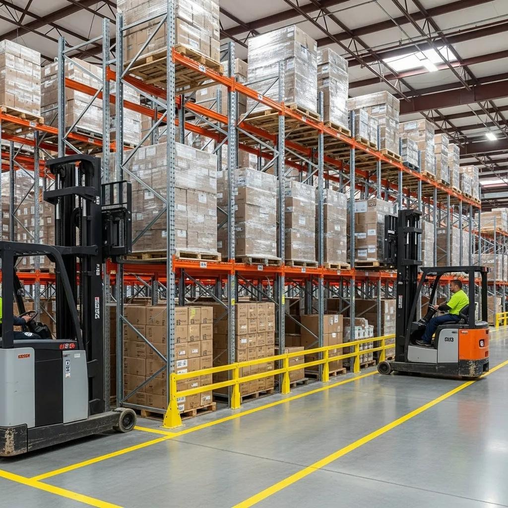 Forklift accessing pallets from both sides of a drive-thru racking system in a well-organized warehouse