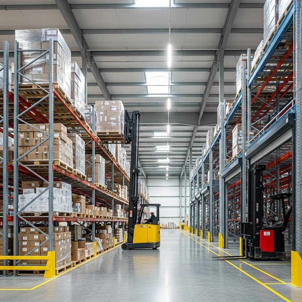 Modern warehouse featuring double-deep and drive-thru pallet racking systems with active forklifts
