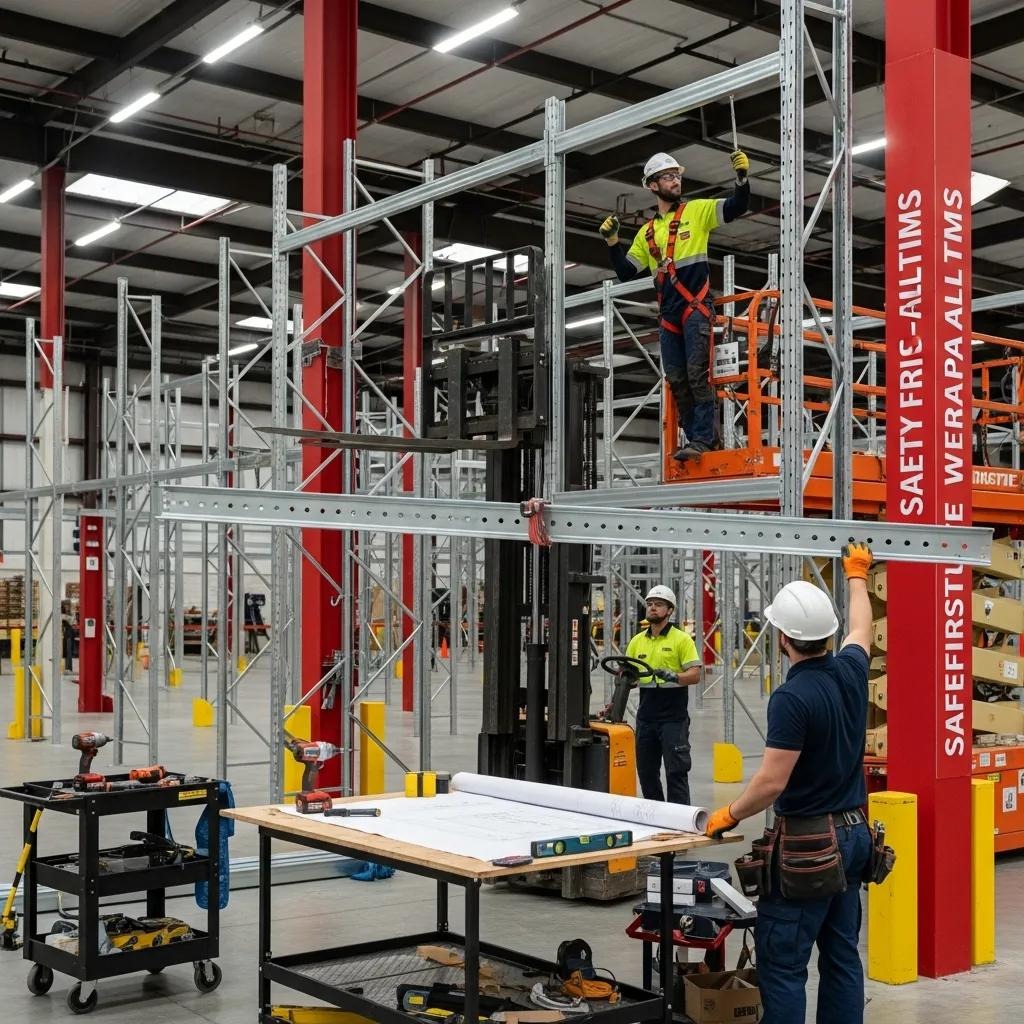 Team of professionals installing double-deep pallet racking with tools and safety equipment in a warehouse