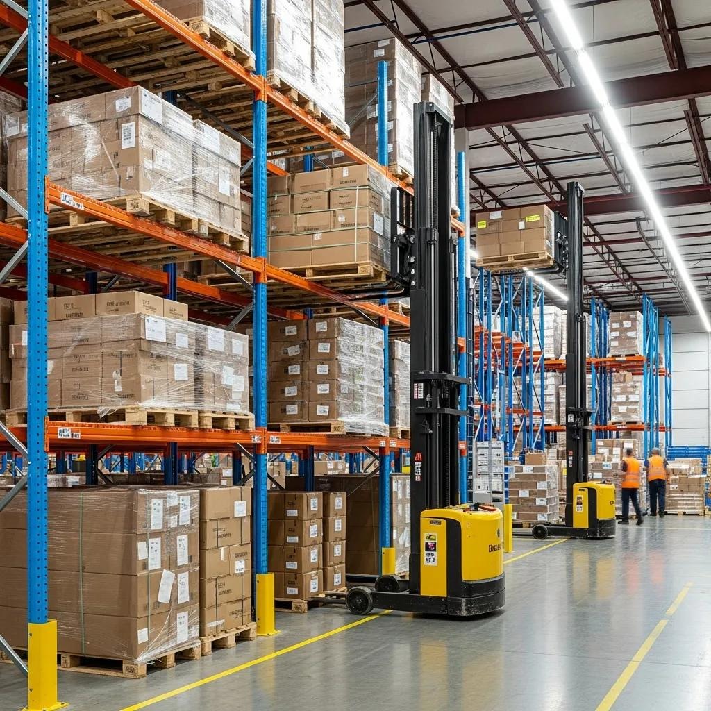 Double-deep pallet racking system with reach trucks accessing pallets, illustrating efficient storage density