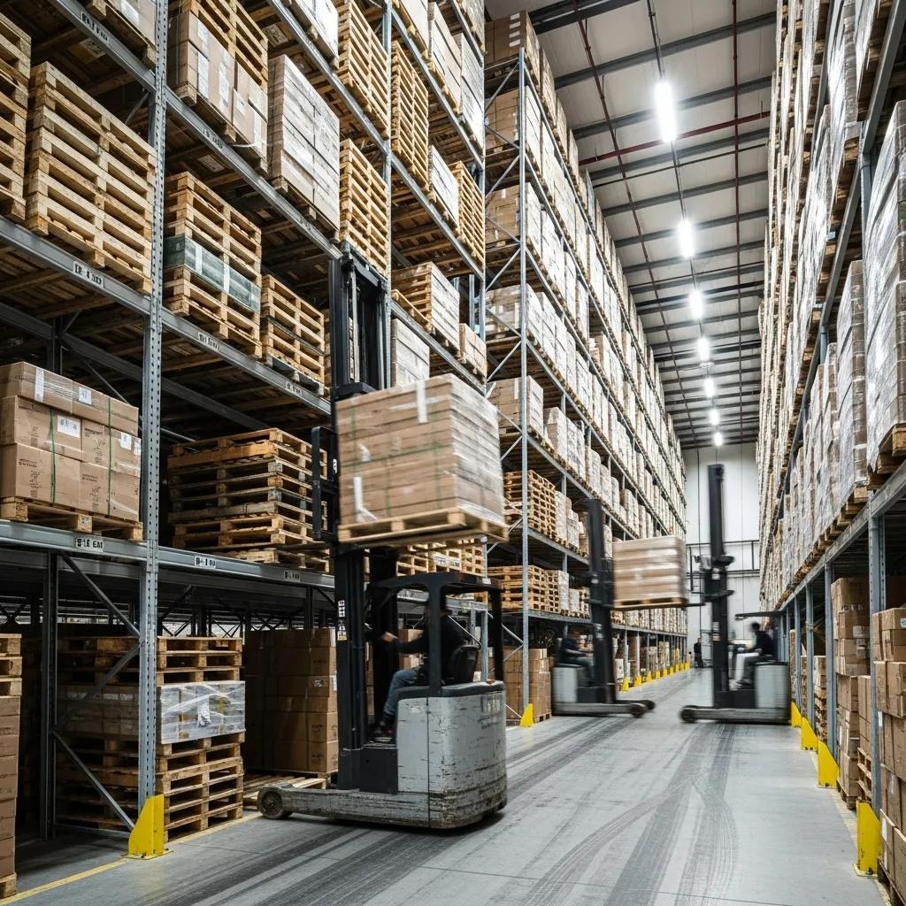 Drive-in pallet racking system with forklifts accessing pallets, demonstrating high-density storage efficiency