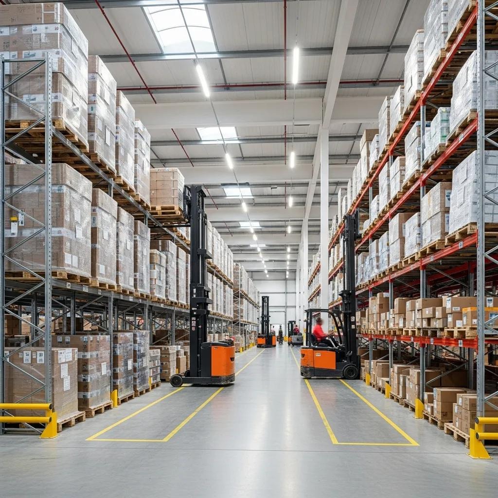 Modern warehouse with double-deep and drive-in pallet racking systems showcasing efficient storage solutions