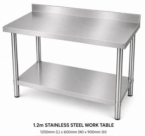 120cm Stainless Steel Metal 2 Tier Workbench Kitchen Bench Freezer Storage With Splashback