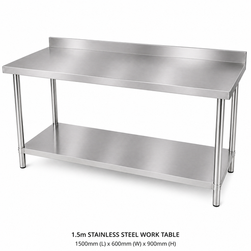 150cm Stainless Steel Metal 2 Tier Workbench Kitchen Bench Freezer Storage With Splashback