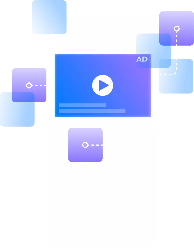 Illustration of a smartphone screen displaying a video ad, surrounded by blue and purple digital elements with dotted lines, symbolizing app connectivity.